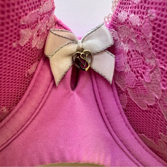 Victoria's Secret Bra Body By Victoria Lined Demi Pink Metallic Lace Bow Sz 36C - Picture 9 of 11
